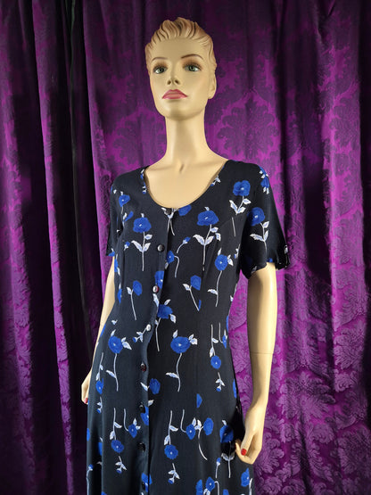Vintage 90s Blue and Black Floral Goth Tea Dress