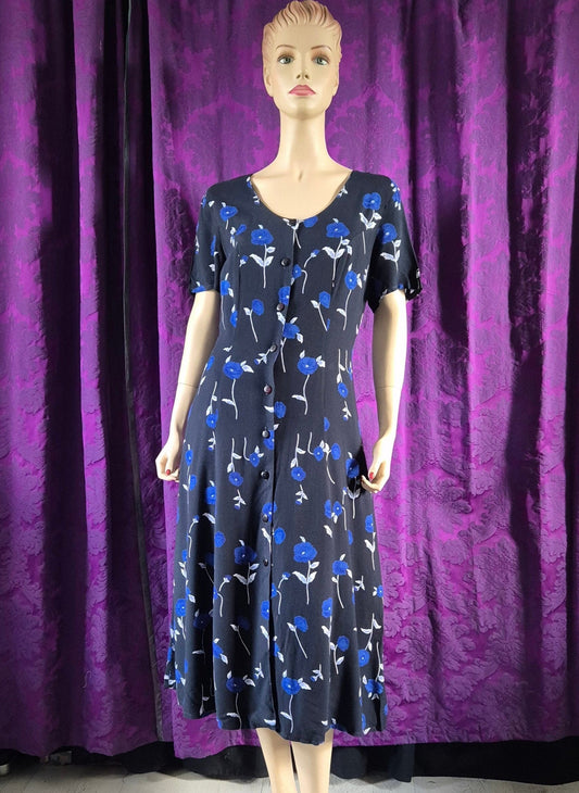Vintage 90s Blue and Black Floral Goth Tea Dress