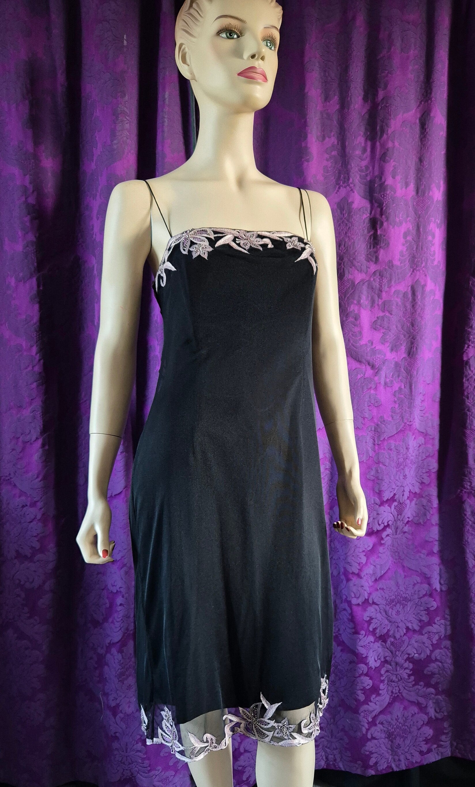 Maria Grachvogel Vintage Y2K Mesh Net Embroidered Little Black Dress