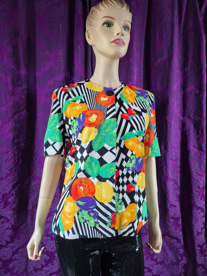 Vintage 1990s Bright Fruit & Op Art Print Jacket by Reldan