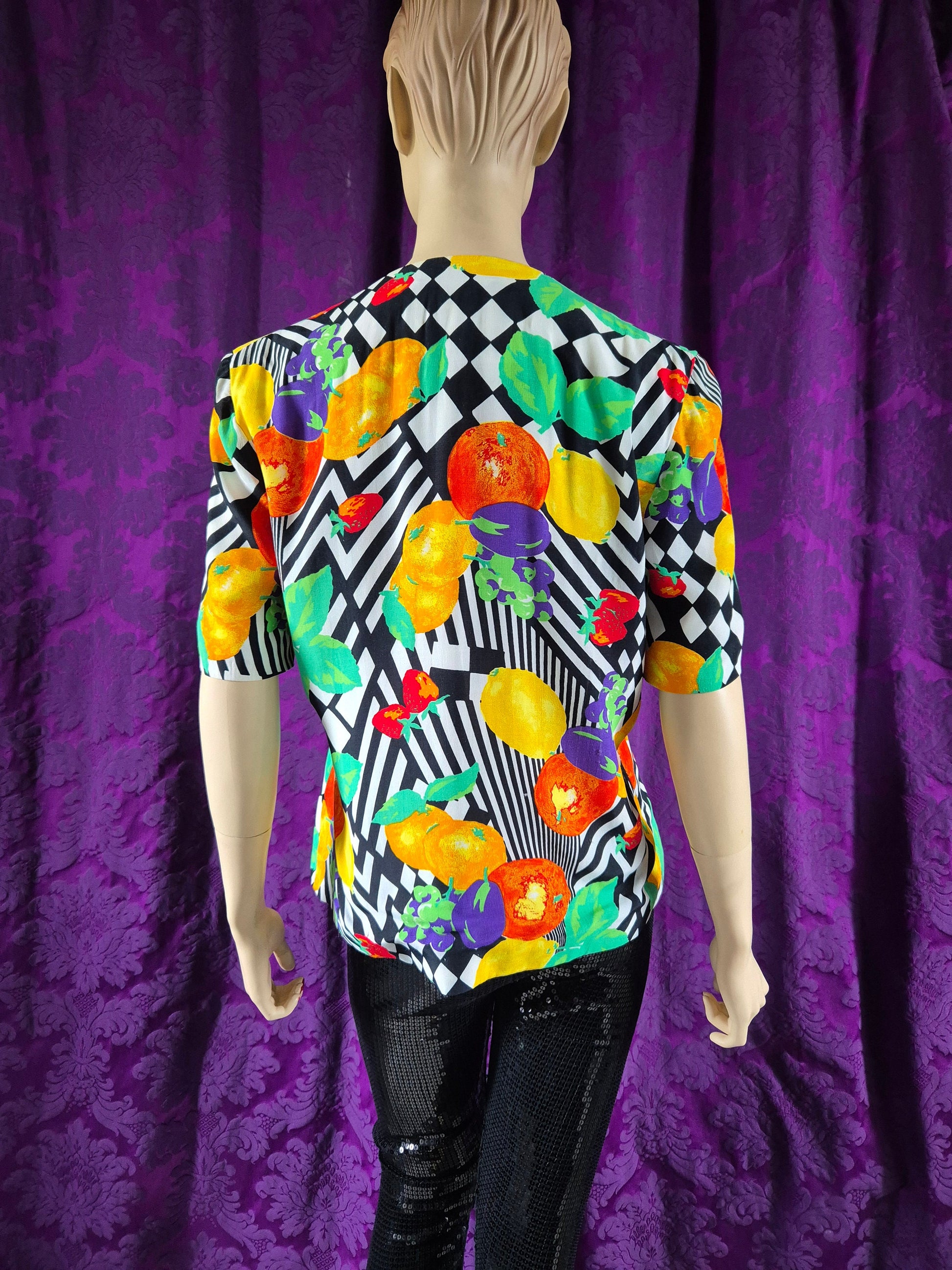 Vintage 1990s Bright Fruit & Op Art Print Jacket by Reldan