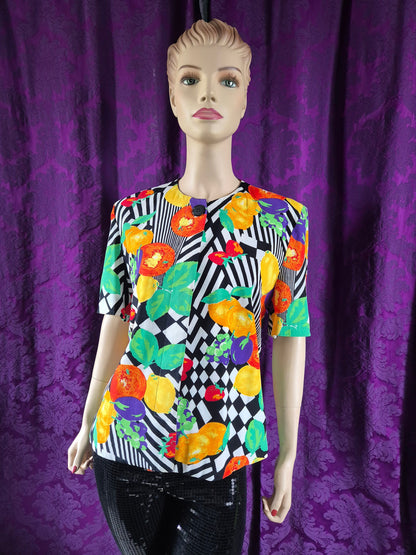 Vintage 1990s Bright Fruit & Op Art Print Jacket by Reldan
