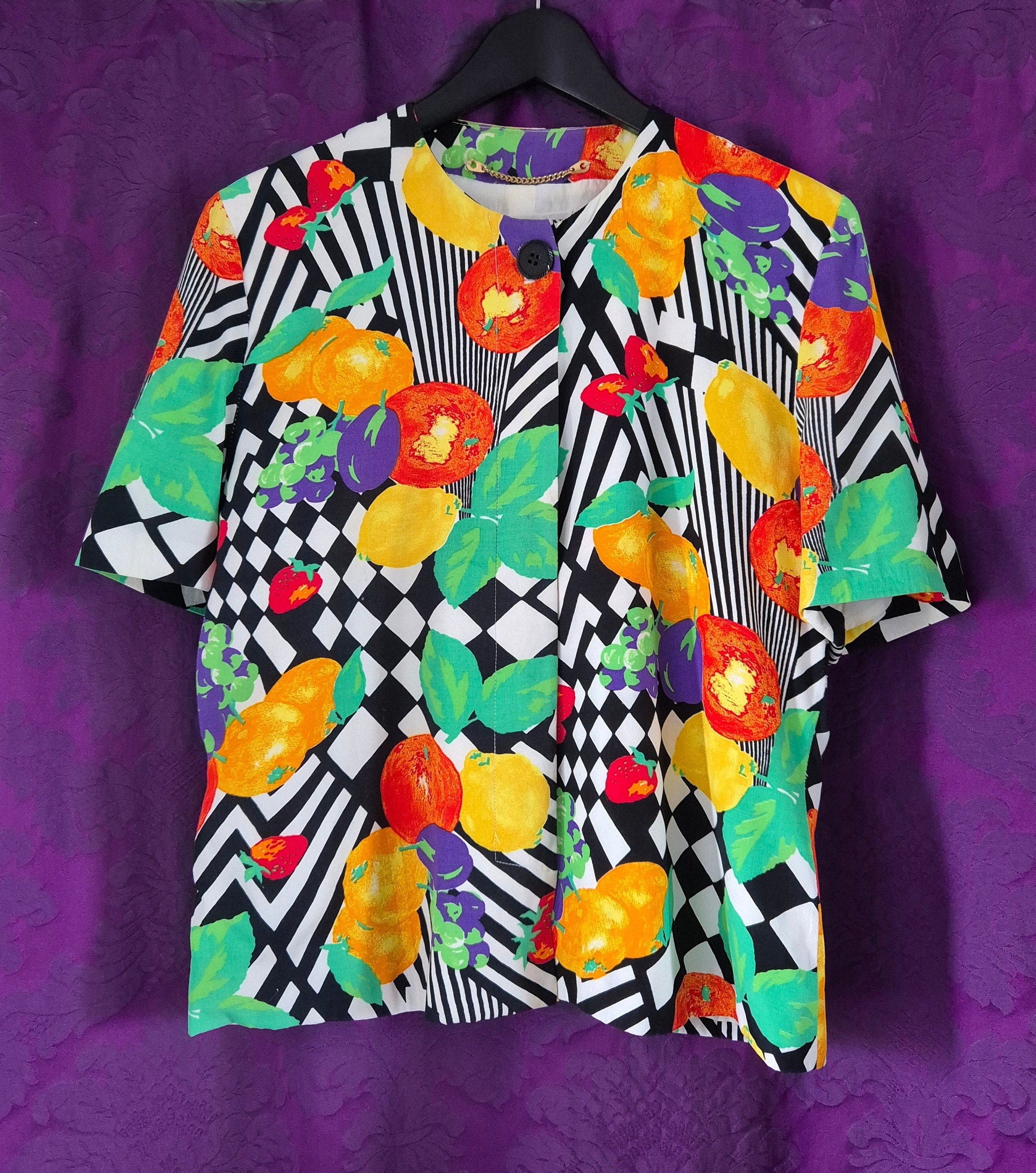 Vintage 1990s Bright Fruit & Op Art Print Jacket by Reldan
