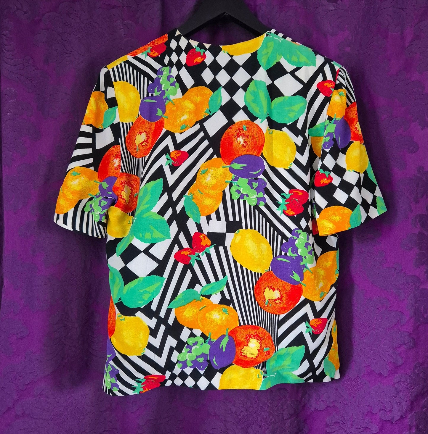 Vintage 1990s Bright Fruit & Op Art Print Jacket by Reldan