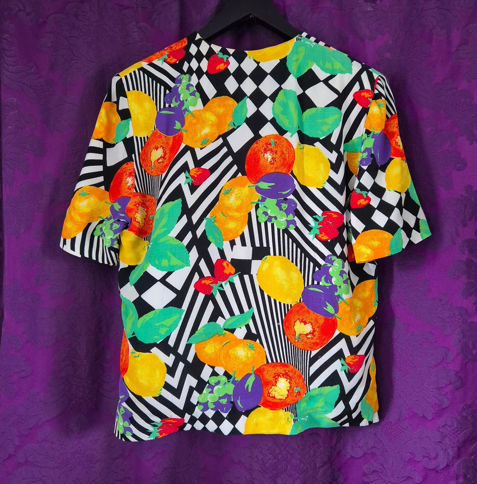 Vintage 1990s Bright Fruit & Op Art Print Jacket by Reldan
