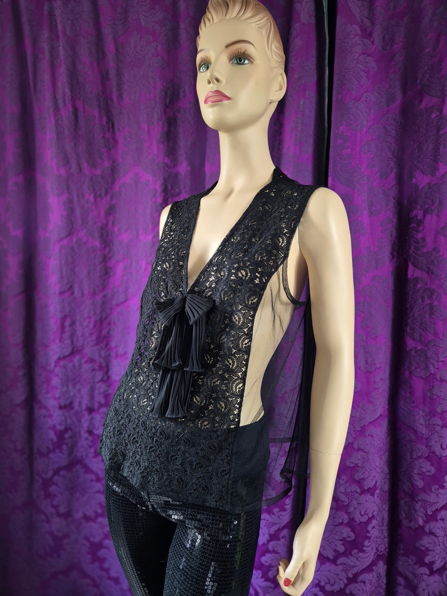 Vintage Chiffon and Lace Pleated Bow Lingerie Top