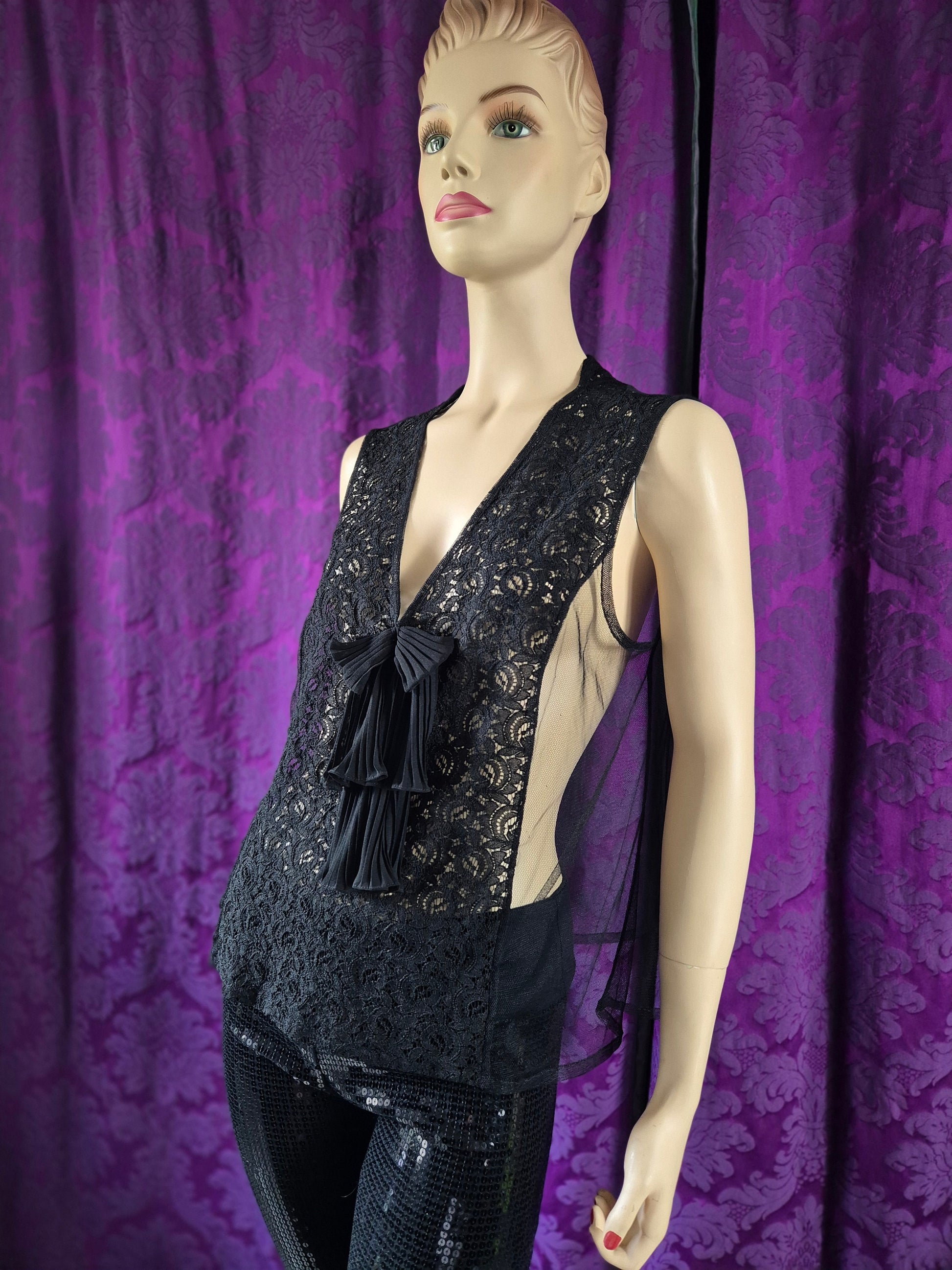 Vintage Chiffon and Lace Pleated Bow Lingerie Top