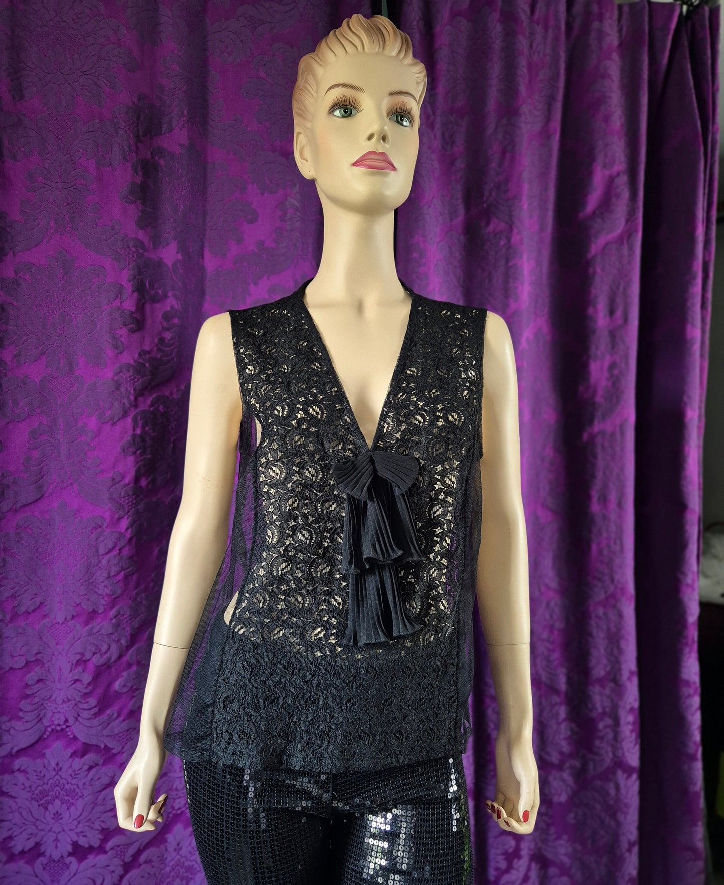 Vintage Chiffon and Lace Pleated Bow Lingerie Top