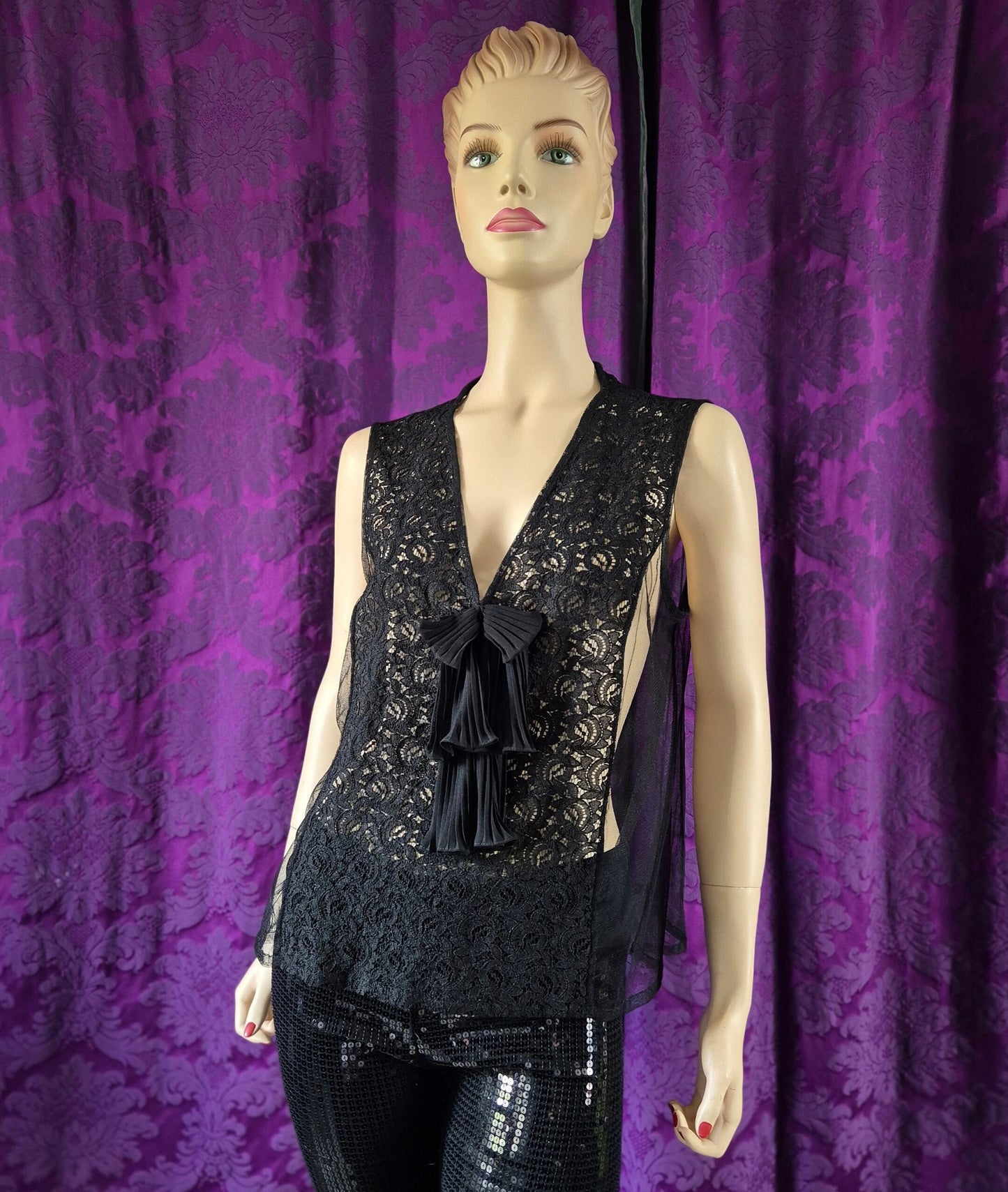 Vintage Chiffon and Lace Pleated Bow Lingerie Top