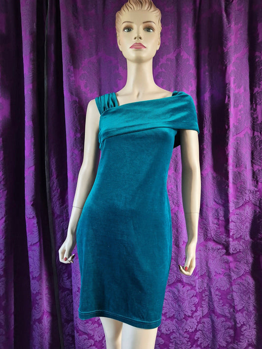 Vintage Peacock Blue Velvet One Shoulder Body-Con Dress