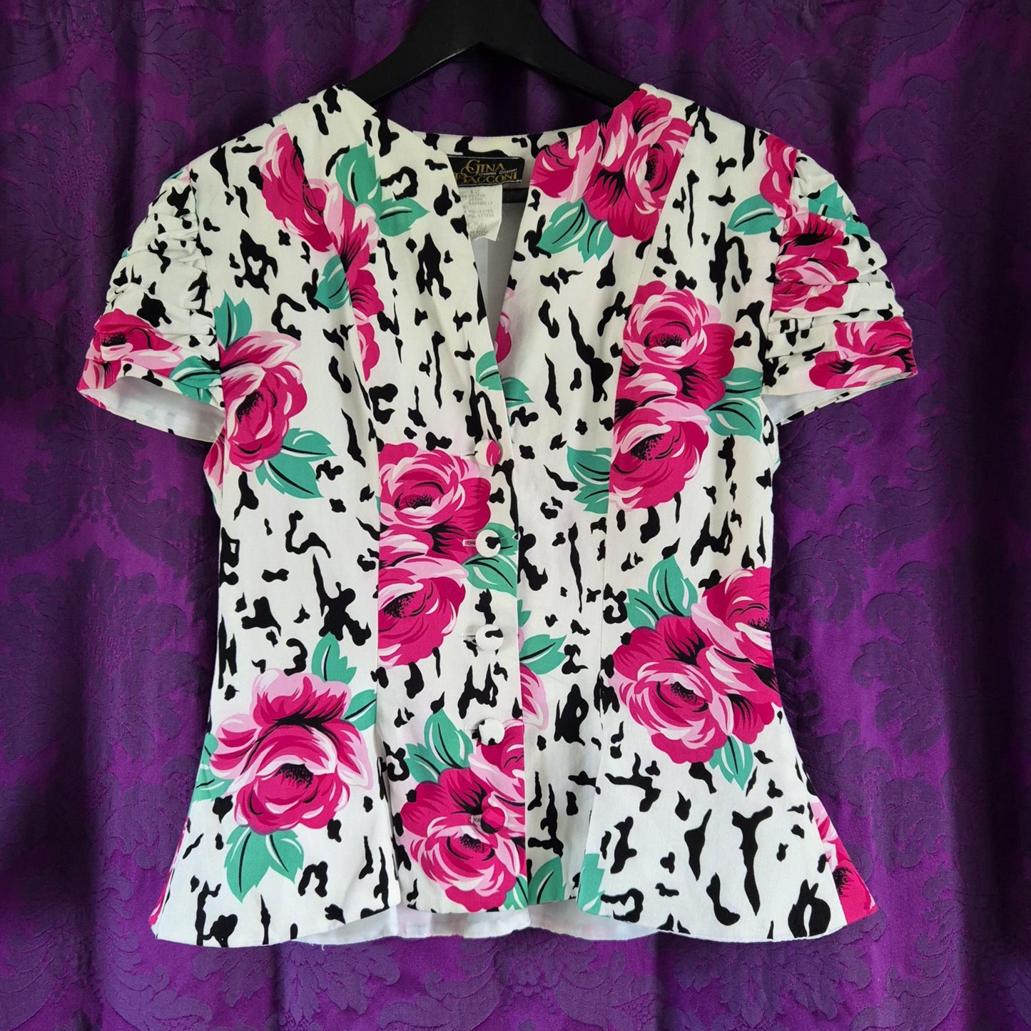 Vintage 1990s Gina Bacconi Cotton Rose Print Suit - Peplum Jacket & Pencil Skirt
