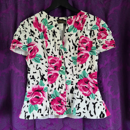 Vintage 1990s Gina Bacconi Cotton Rose Print Suit - Peplum Jacket & Pencil Skirt