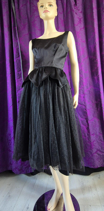 Vintage 1950s Satin Petal Peplum Tulle Gothic Black Swan Prom Dress