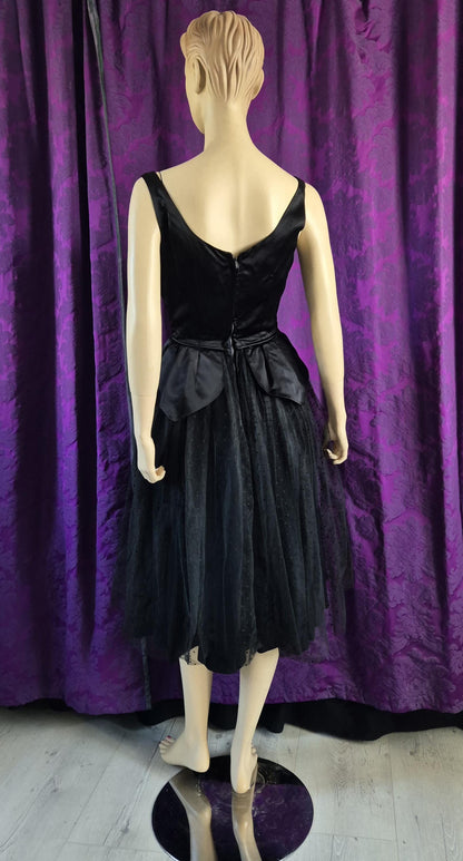 Vintage 1950s Satin Petal Peplum Tulle Gothic Black Swan Prom Dress