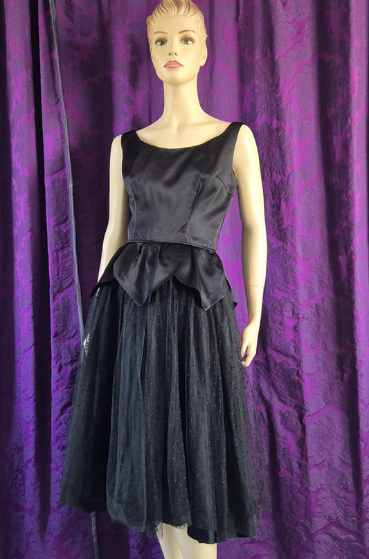 Vintage 1950s Satin Petal Peplum Tulle Gothic Black Swan Prom Dress