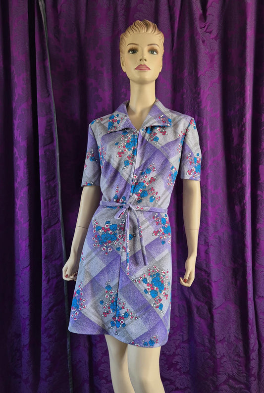 Vintage 1970s Lavender Floral & Geometric Zip-Front Minidress - Plus size