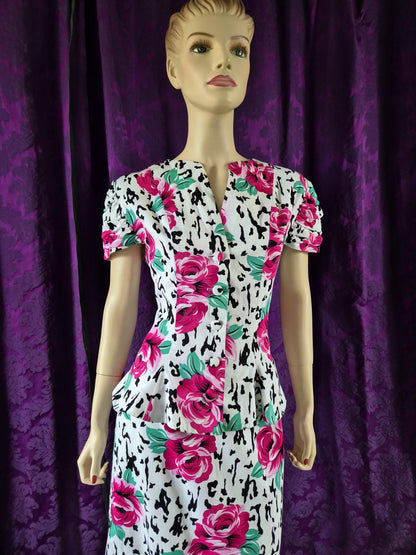 Vintage 1990s Gina Bacconi Cotton Rose Print Suit - Peplum Jacket & Pencil Skirt