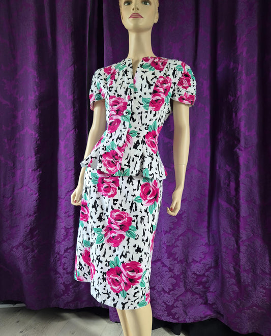 Vintage 1990s Gina Bacconi Cotton Rose Print Suit - Peplum Jacket & Pencil Skirt