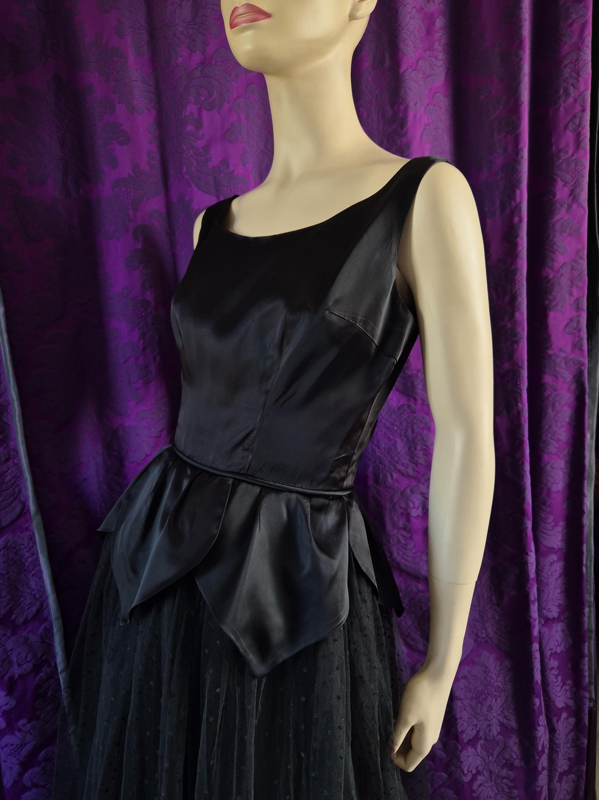 Vintage 1950s Satin Petal Peplum Tulle Gothic Black Swan Prom Dress