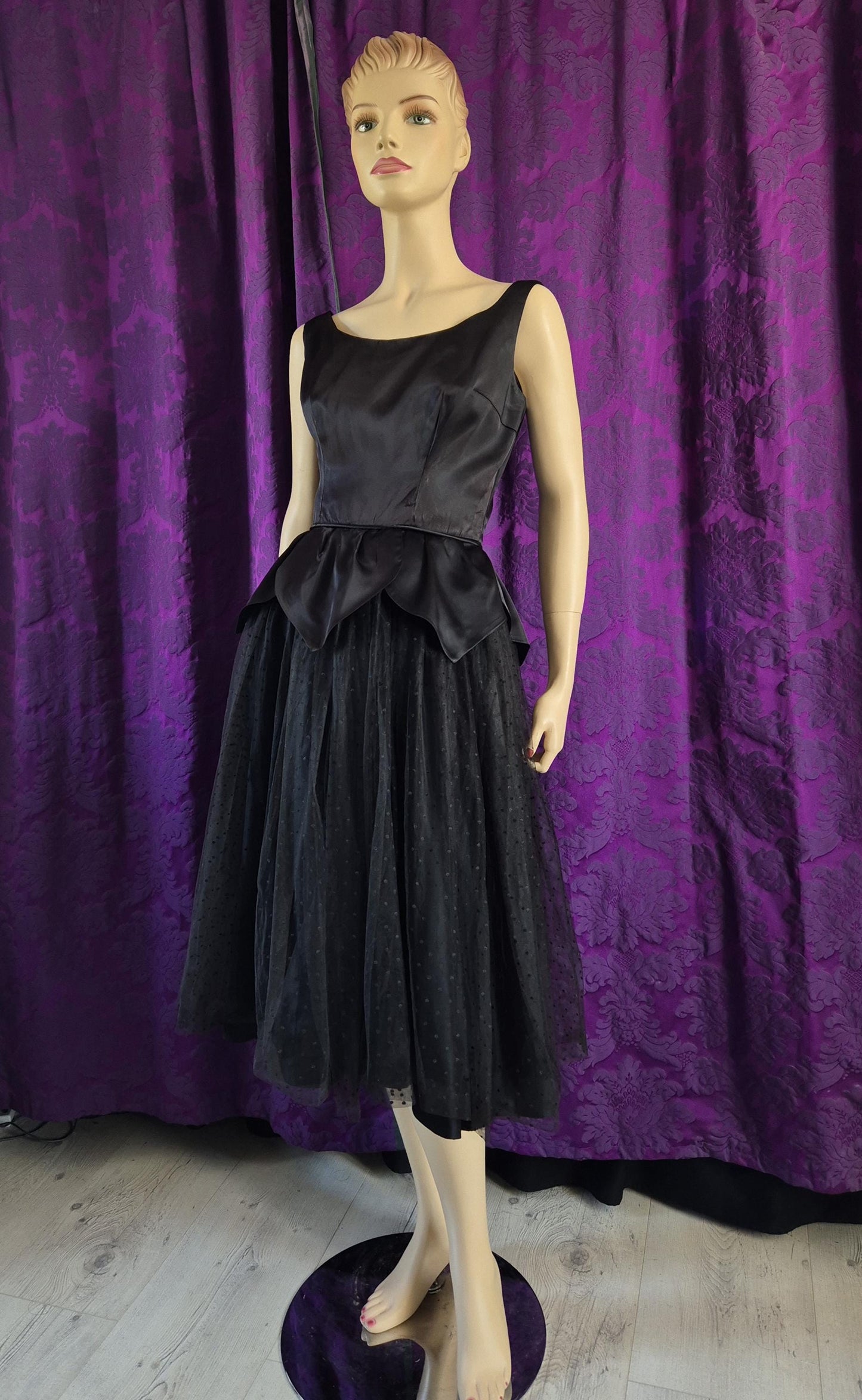 Vintage 1950s Satin Petal Peplum Tulle Gothic Black Swan Prom Dress