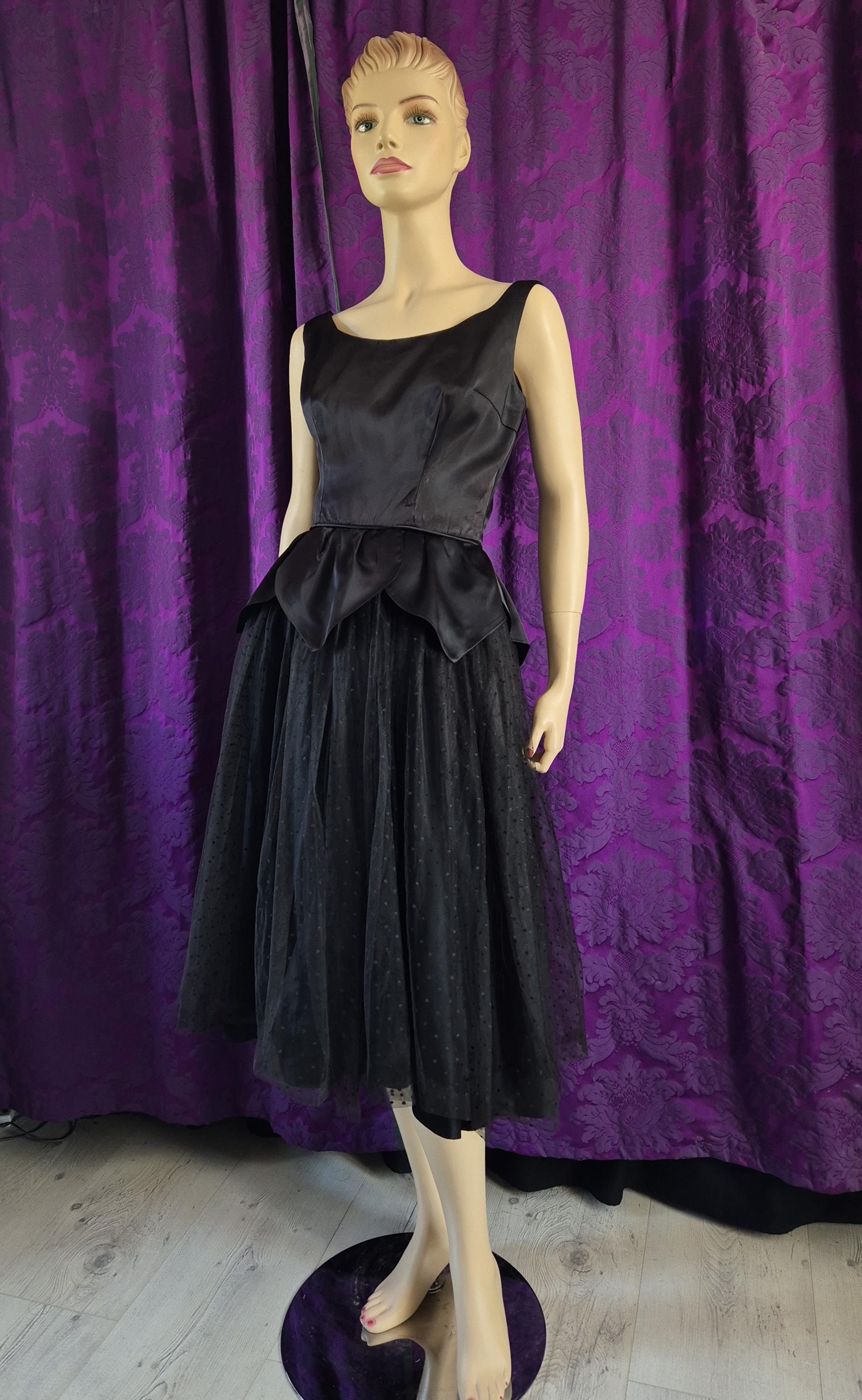 Vintage 1950s Satin Petal Peplum Tulle Gothic Black Swan Prom Dress