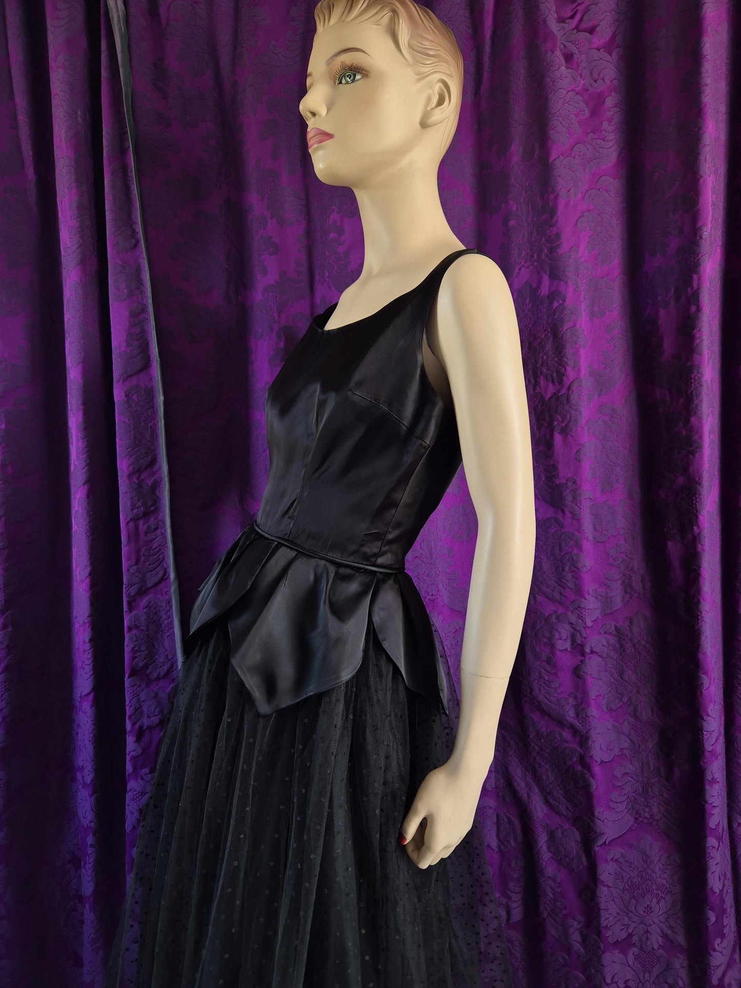 Vintage 1950s Satin Petal Peplum Tulle Gothic Black Swan Prom Dress