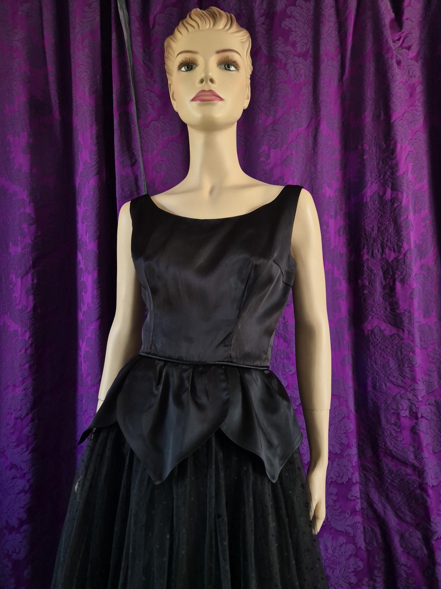 Vintage 1950s Satin Petal Peplum Tulle Gothic Black Swan Prom Dress