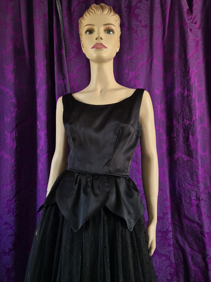 Vintage 1950s Satin Petal Peplum Tulle Gothic Black Swan Prom Dress