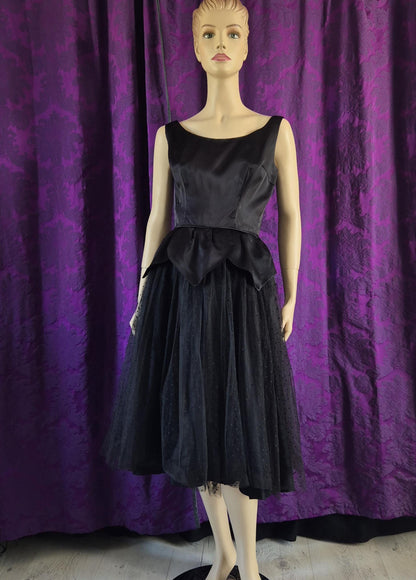 Vintage 1950s Satin Petal Peplum Tulle Gothic Black Swan Prom Dress