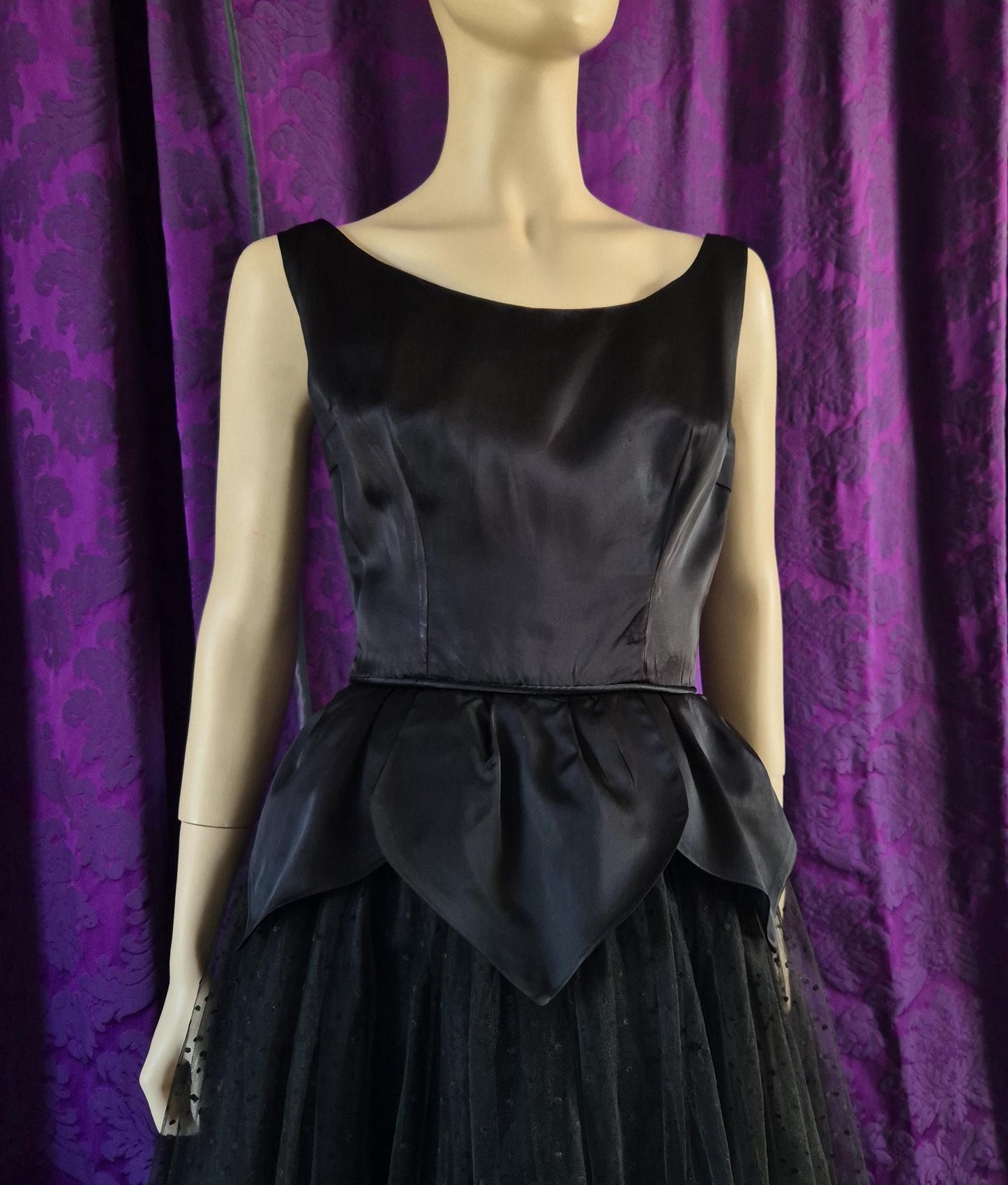 Vintage 1950s Satin Petal Peplum Tulle Gothic Black Swan Prom Dress