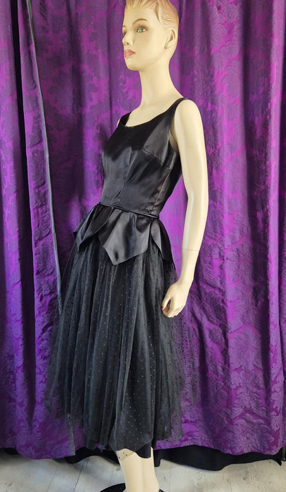 Vintage 1950s Satin Petal Peplum Tulle Gothic Black Swan Prom Dress
