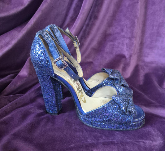 Vintage 1970s Midnight Blue Glitter Bow Sandal Platform Shoes by Berber