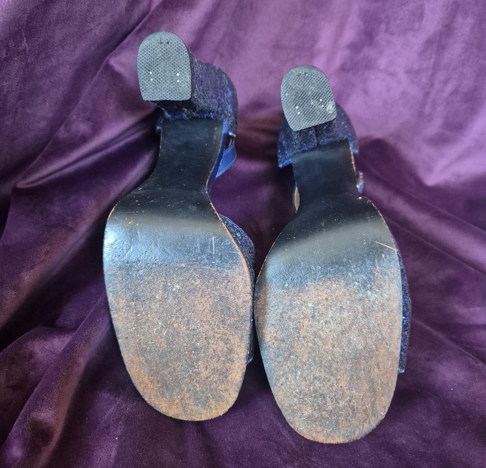 Vintage 1970s Midnight Blue Glitter Bow Sandal Platform Shoes by Berber