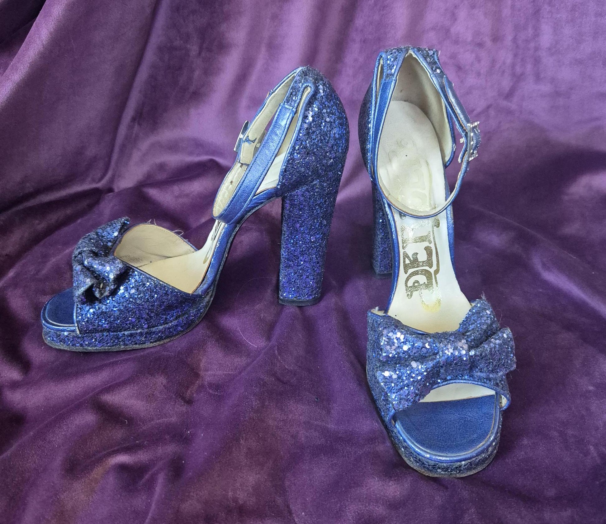 Vintage 1970s Midnight Blue Glitter Bow Sandal Platform Shoes by Berber