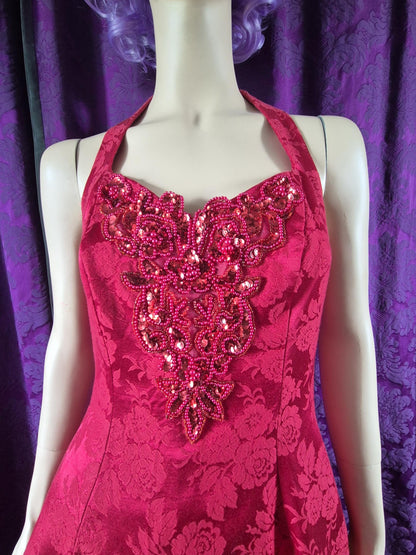 Vintage 90s Red Brocade Fit & Flare Party Dress - Halloween Devil Costume - Sabrina