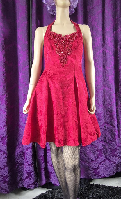 Vintage 90s Red Brocade Fit & Flare Party Dress - Halloween Devil Costume - Sabrina