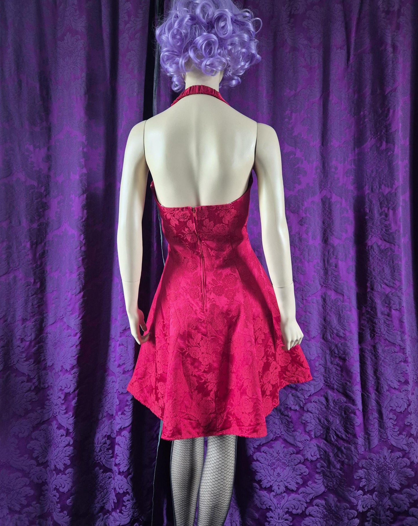 Vintage 90s Red Brocade Fit & Flare Party Dress - Halloween Devil Costume - Sabrina