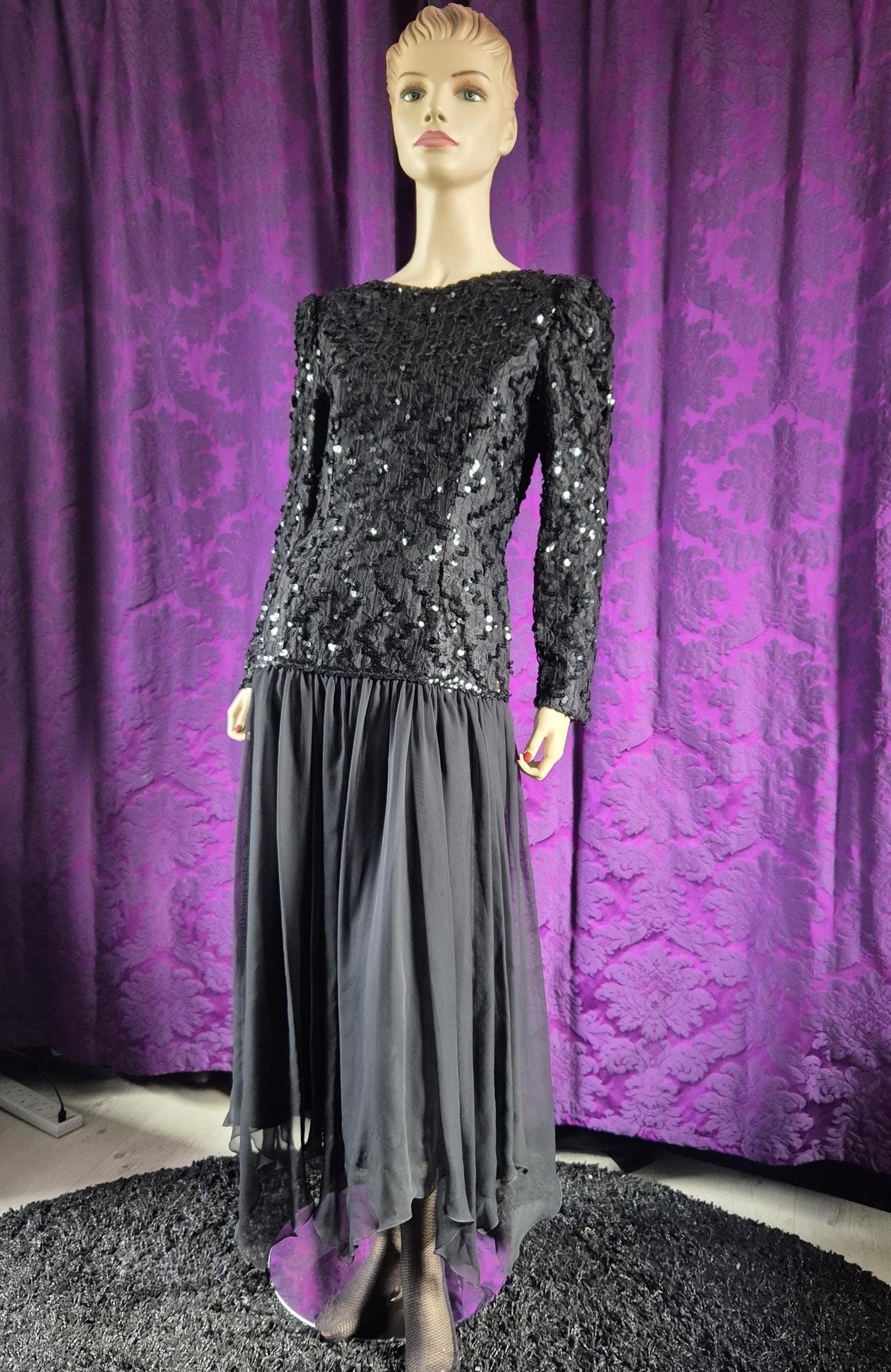 Vintage 1980s Black Sequin Bodice Demure Goth Gown