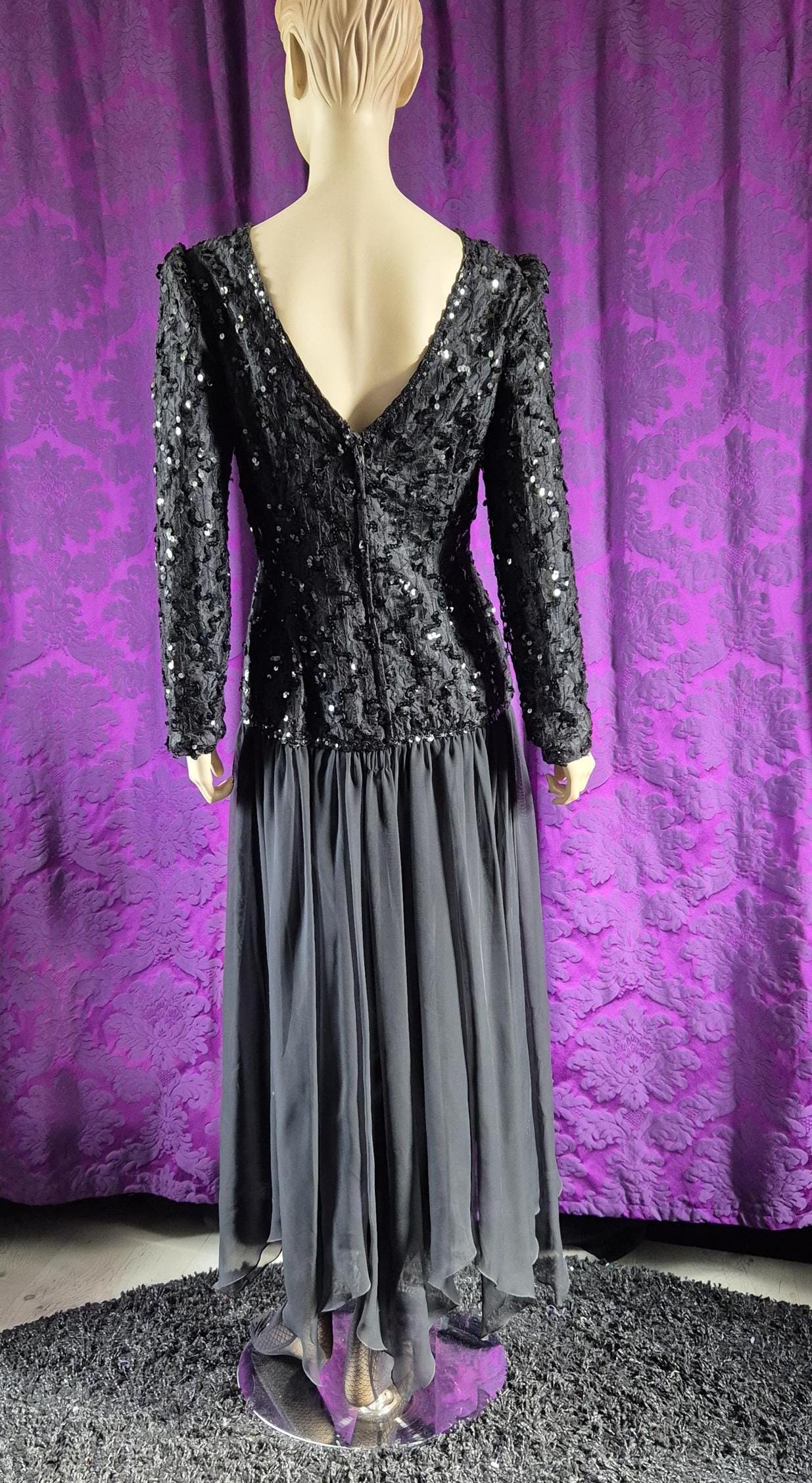 Vintage 1980s Black Sequin Bodice Demure Goth Gown