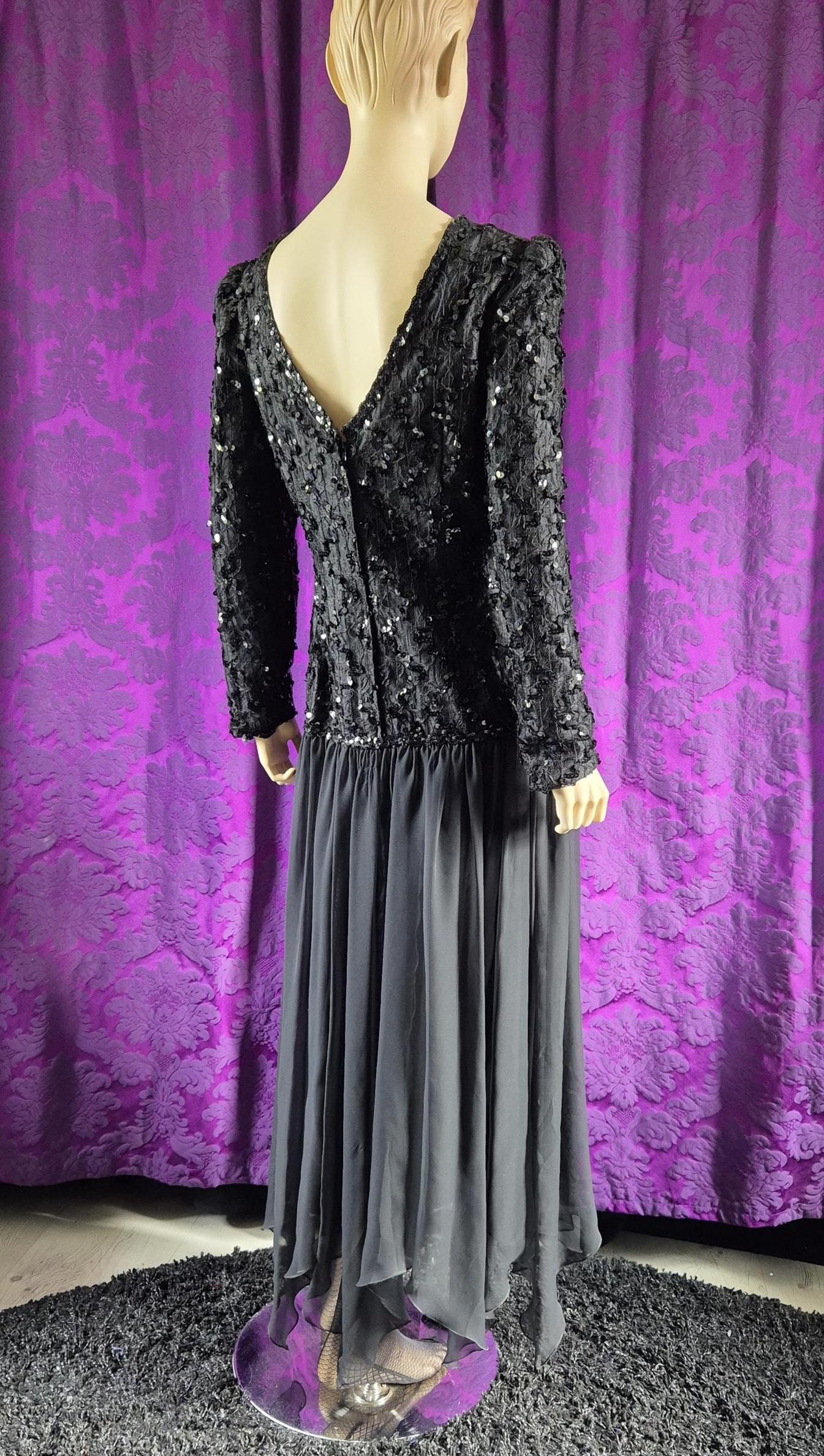 Vintage 1980s Black Sequin Bodice Demure Goth Gown