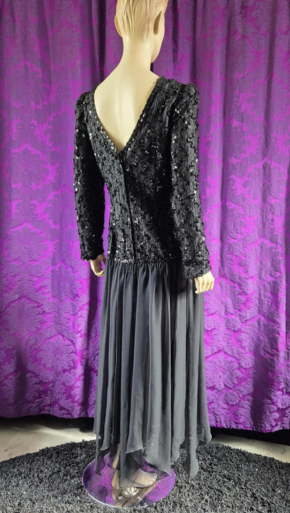 Vintage 1980s Black Sequin Bodice Demure Goth Gown