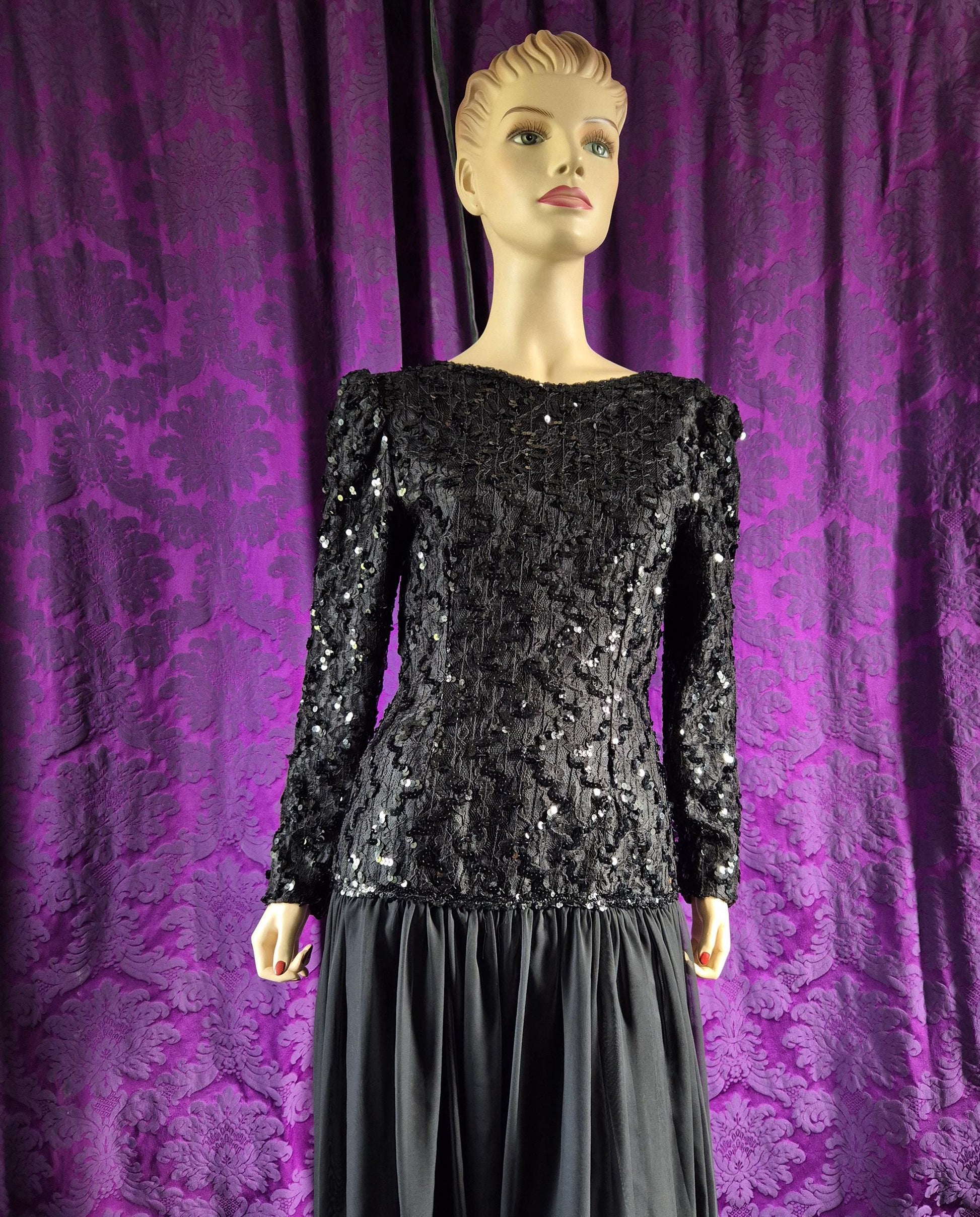 Vintage 1980s Black Sequin Bodice Demure Goth Gown