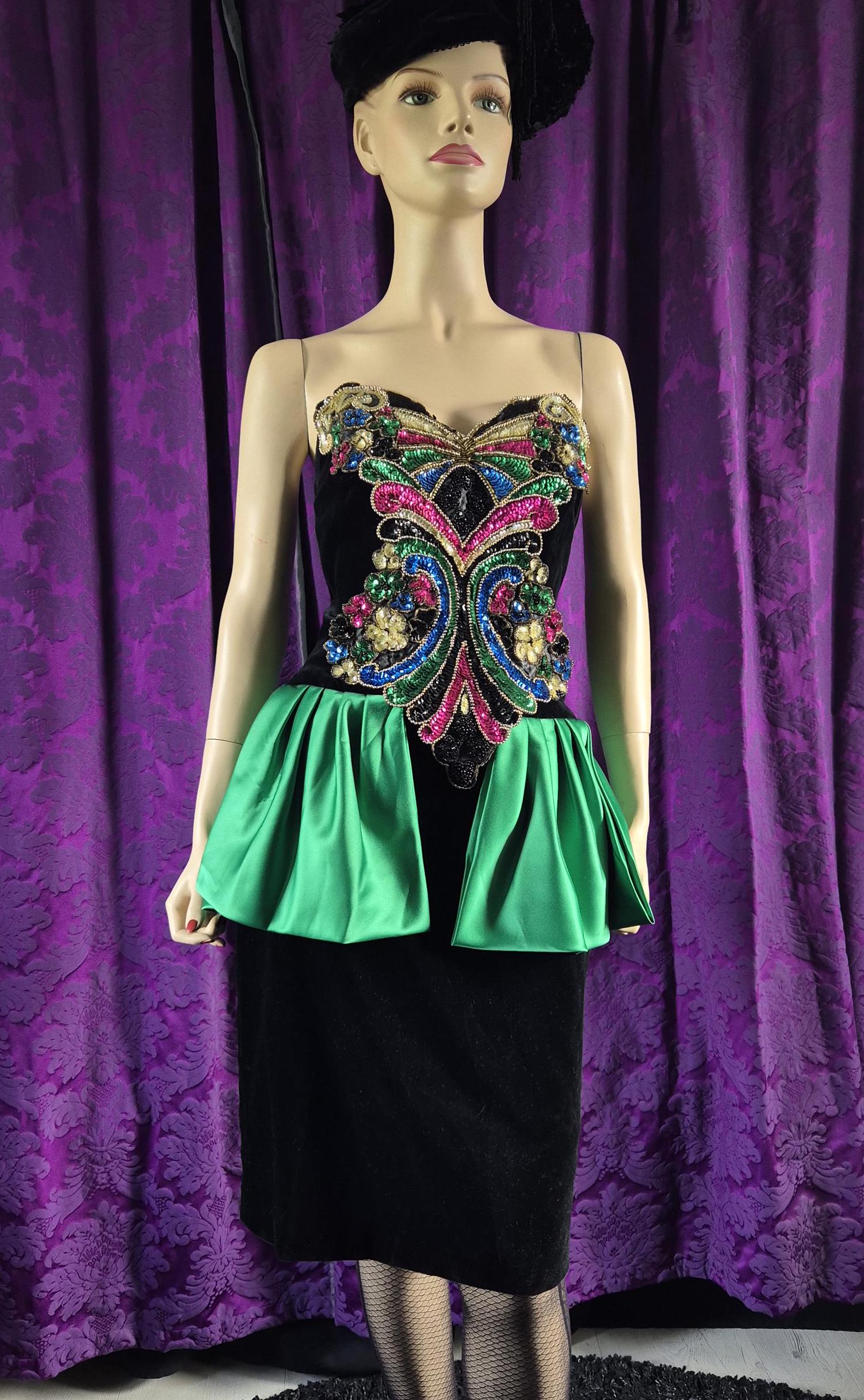 Vintage 1980s Bejewelled Velvet Strapless Peplum Dress