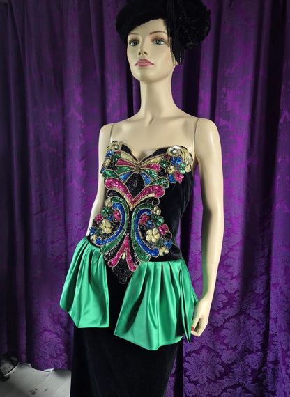 Vintage 1980s Bejewelled Velvet Strapless Peplum Dress
