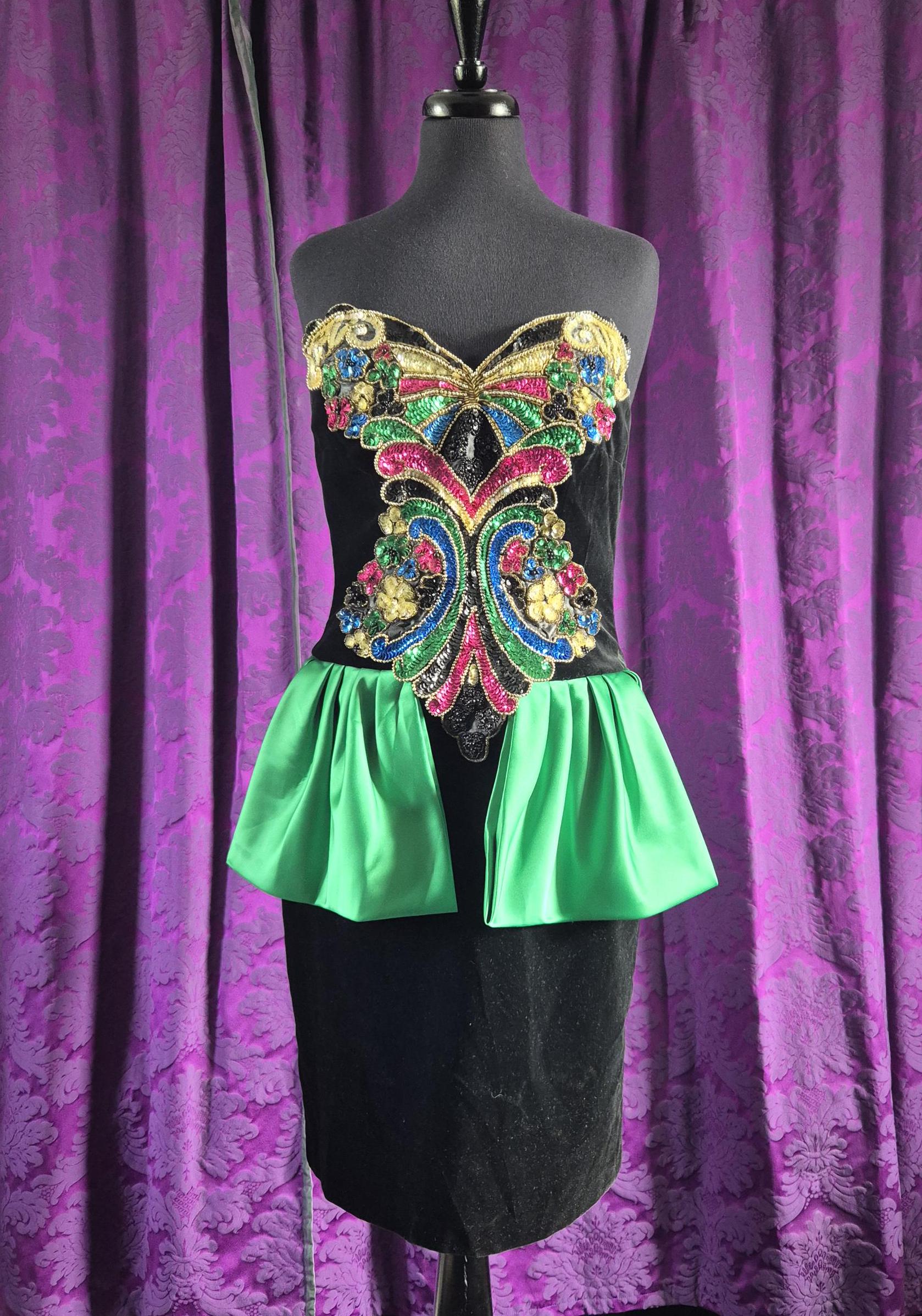 Vintage 1980s Bejewelled Velvet Strapless Peplum Dress