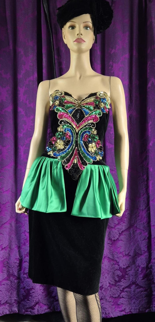 Vintage 1980s Bejewelled Velvet Strapless Peplum Dress