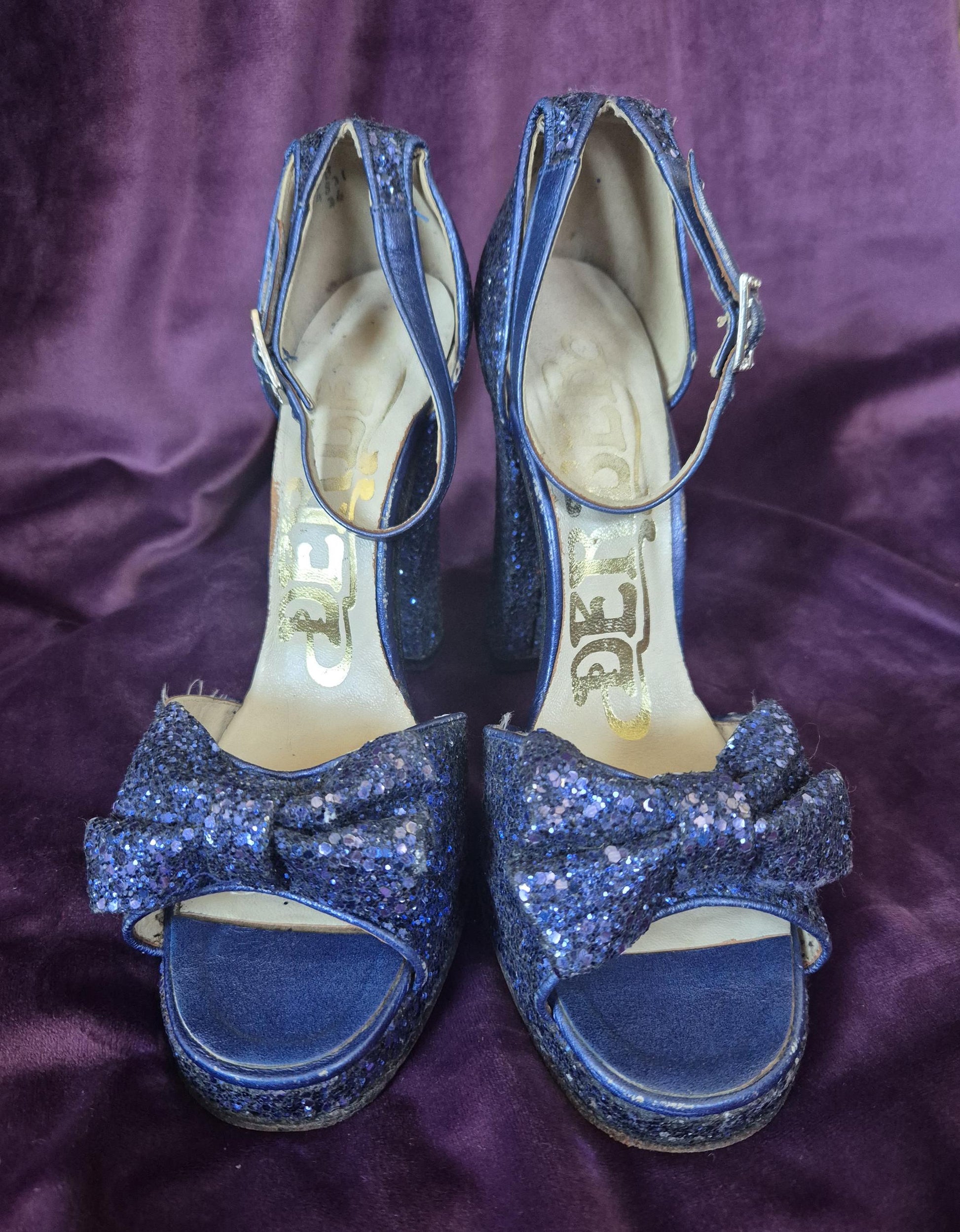Vintage 1970s Midnight Blue Glitter Bow Sandal Platform Shoes by Berber