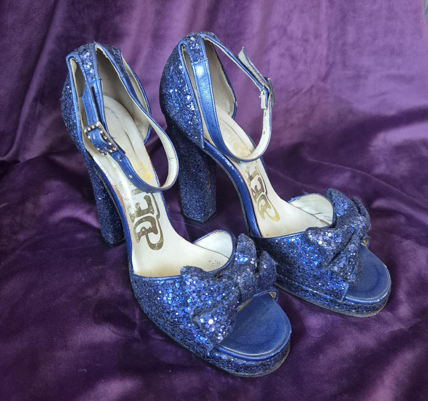 Vintage 1970s Midnight Blue Glitter Bow Sandal Platform Shoes by Berber