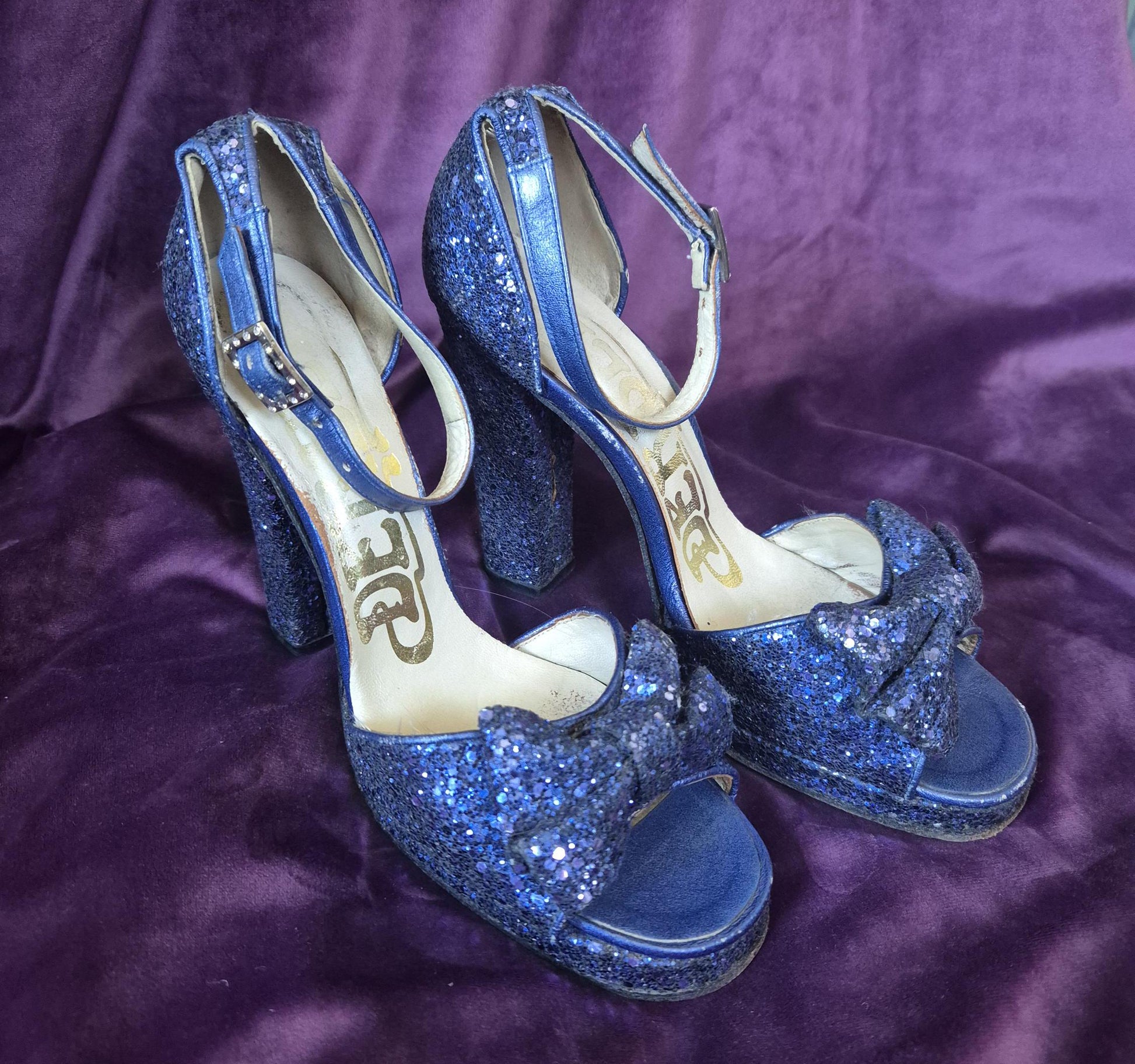 Vintage 1970s Midnight Blue Glitter Bow Sandal Platform Shoes by Berber