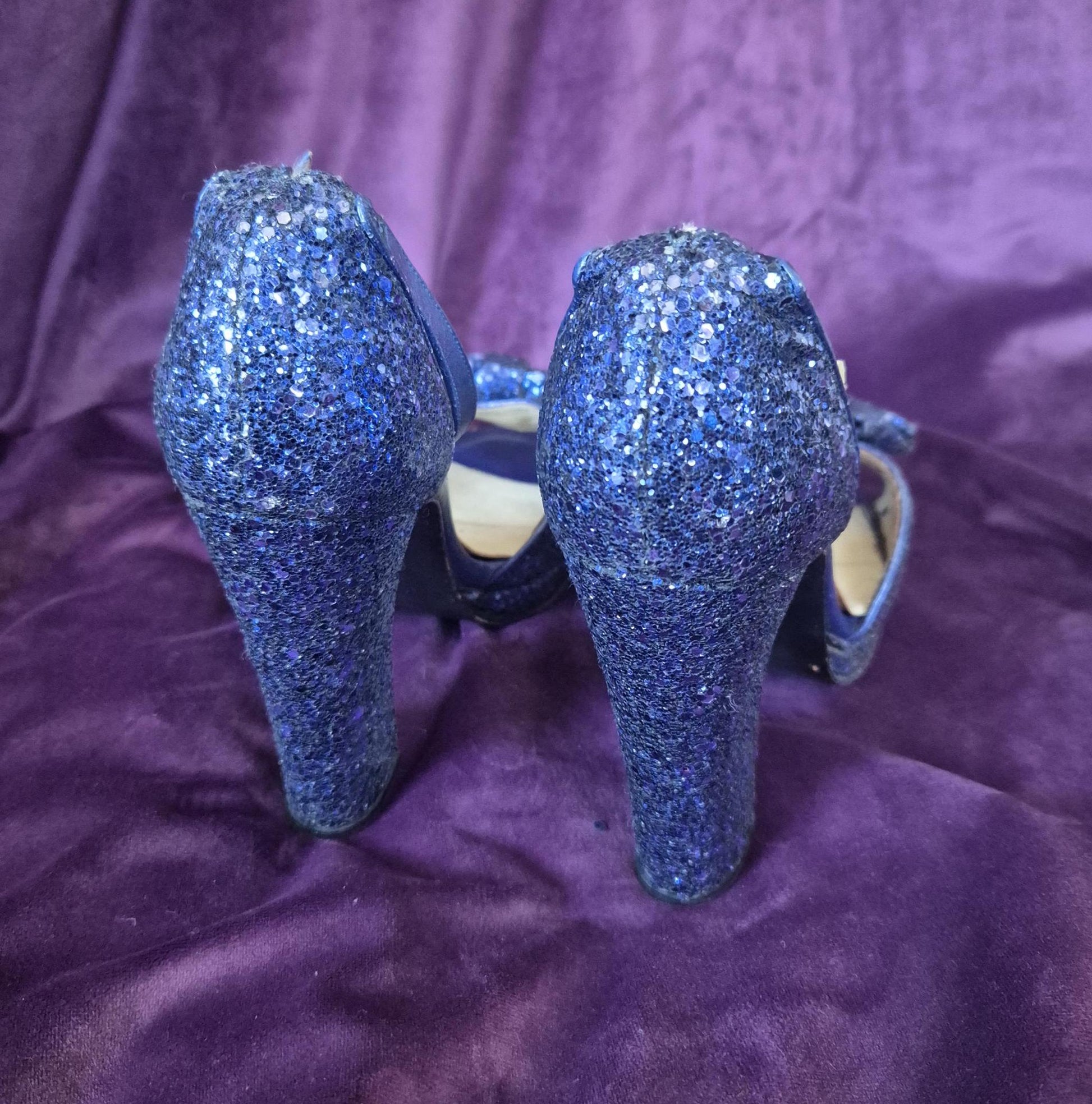 Vintage 1970s Midnight Blue Glitter Bow Sandal Platform Shoes by Berber